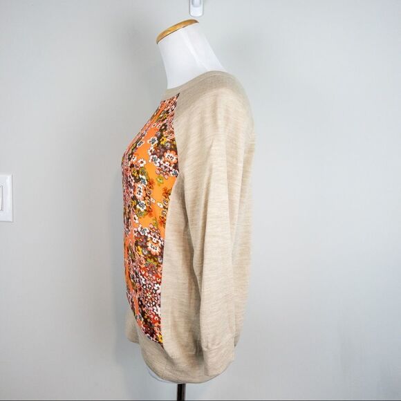 𝅺J Crew Factory Womens Size Small Orange Floral Woven Panel Tan Sweater Merino - Picture 6 of 9